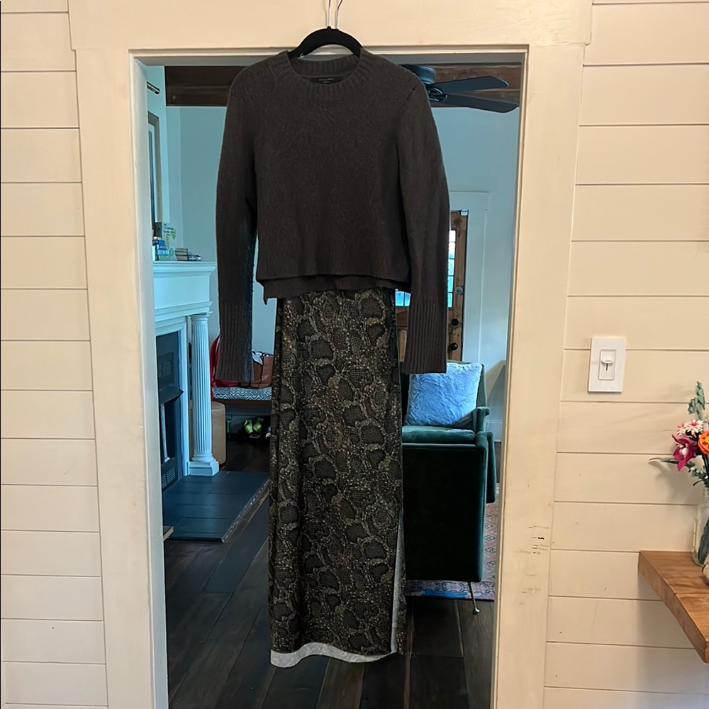 All Saints Two Piece long snakeskin print dress with slits and cropped sweater